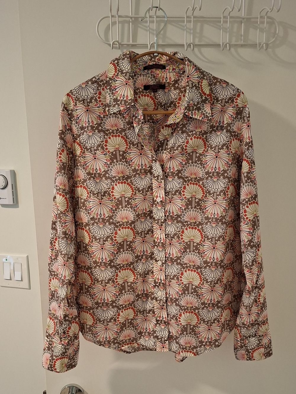 Liberty of London Tan & Pink Luxury Contemporary Floral Cotton Shit (Size L)
